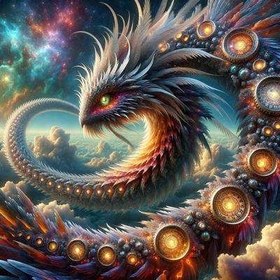 Primary subject: A colorful, whimsical dragon with a long neck and a crown of stars on its head.

Setting/background: The dragon is surrounded by a vibrant, celestial scene, with a backdrop of clouds and a sky filled with stars.

Visual style: The image is a digital artwork, featuring a fantastical creature with a unique and eye-catching design.

Colors and mood: The dragon is predominantly orange and white, with a